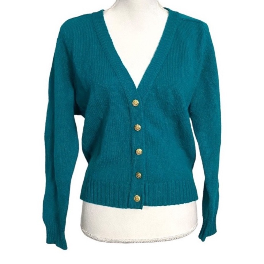Vintage Pendleton Emerald Green Wool Long Sleeve Cardigan Deep V Neck M gold 80s